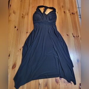 Amore Black Halter Midi Dress, Ties in the Back, Asymmetrical Flowy Hem, Size L